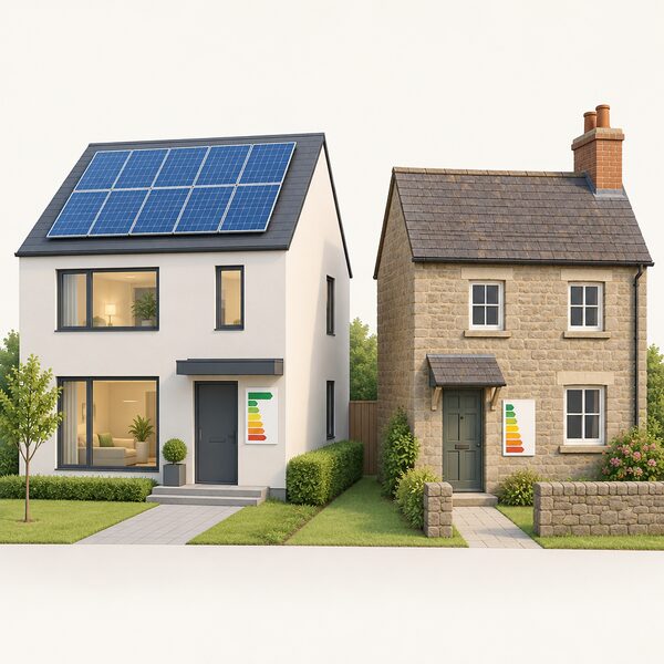 A modern new build home with a large solar array on its roof and a compact, well-sealed form stands beside an older solid-walled home with a chimney and small windows, each with an energy rating chart sheet pinned beside its front door showing a plain colour band near the top of the scale for the new build and a plain colour band lower down for the older home.