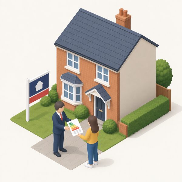 A simplified isometric figure of an estate agent handing a printed EPC certificate document to a prospective buyer outside a typical UK house with a for-sale board, the certificate shown as a physical sheet with blank lines and plain colour bands and no readable words or numbers.