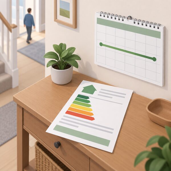 A printed EPC certificate lying on a table in a home hallway, shown as a physical sheet with a plain colour band and blank lines, beside a simple wall calendar with a plain marked span indicating the ten-year validity period before a new certificate is needed.