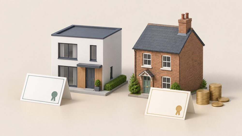 Two small model houses side by side on a table, one a plain modern box-shaped new build and one an older home with a chimney and sash windows, each with a blank folded certificate document leaning against it, with a few coins beside the older house.