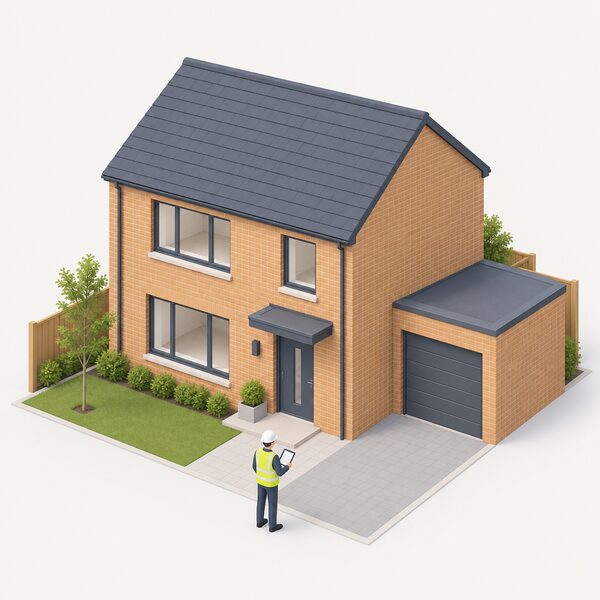 An accredited energy assessor, shown as a small isometric figure with a clipboard and tablet, stands outside a newly completed modern dwelling with clean brickwork and fresh windows, surveying the property during a site visit to carry out the assessment needed to produce its energy performance certificate.
