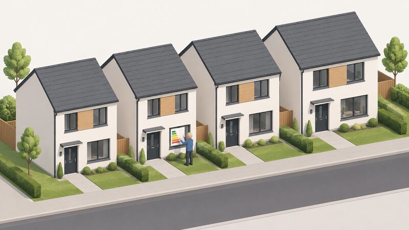 A row of newly completed, identical modern houses, with a simplified isometric figure placing an energy performance certificate document in the front window of one house, the certificate shown as a physical sheet with plain colour bands and blank lines and no readable content.
