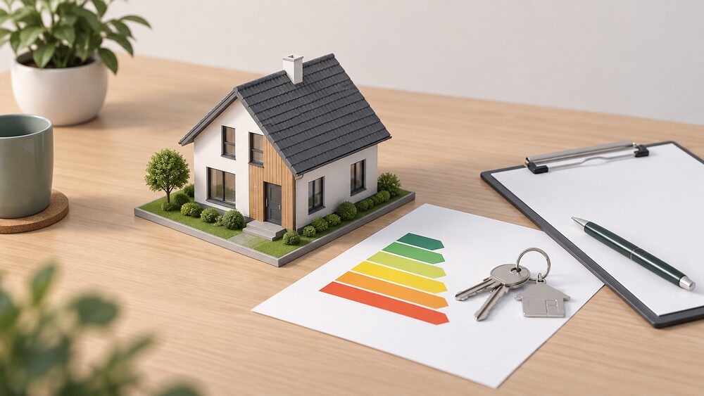 A small model of a newly built house sits on a table beside a blank certificate sheet showing an unlabelled coloured band chart, with a set of house keys resting on the paperwork and a clipboard and pen nearby.