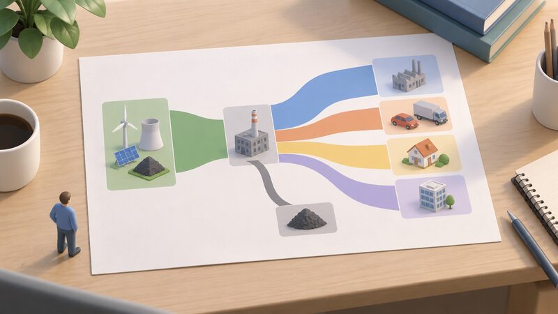 A printed Sankey style energy flow chart sheet lying on a desk, drawn as an object with plain flowing bands of varying width running from a supply block through a conversion stage, where a thinner branch peels away as losses, to four end use blocks for industry, transport, domestic and services.