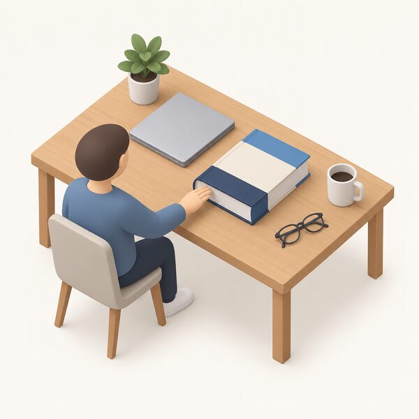 A thick closed printed annual statistics reference volume lying on a wooden desk, its plain cover carrying only blank colour bands, beside a closed laptop and a pair of reading glasses, with a small isometric figure seated at the desk reaching toward the book.