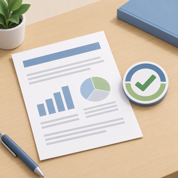 A plain printed statistics document lying on a desk with a simple circular accreditation badge beside it, the badge containing a plain tick mark and blank colour bands instead of any readable wording, showing the regulator's quality mark applied to a published release.