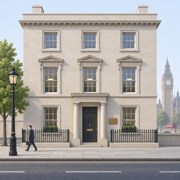 A plain stone government office building on a London street, drawn straight-on, with a blank rectangular sign beside the entrance door and a brass letterbox slot in the door, a pavement and a lamppost in front.
