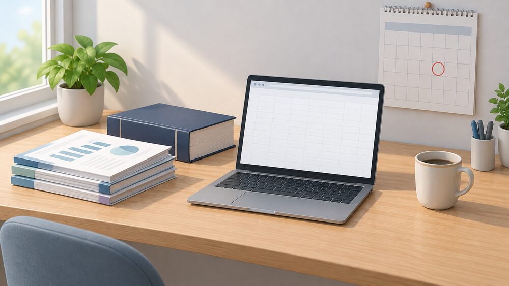 A home desk in daylight with a small stack of printed statistical bulletins and a thick annual reference volume beside a laptop showing a blank spreadsheet download page, a wall calendar with one Thursday circled, and a mug at the edge.