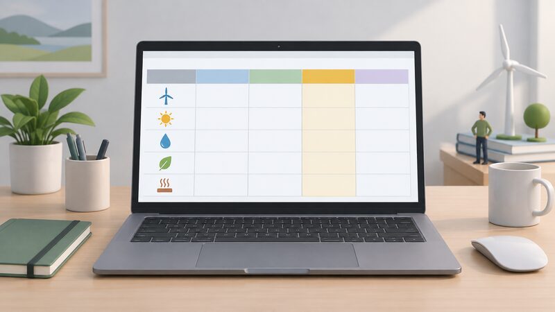 A laptop screen on a plain desk showing a spreadsheet of renewables statistics as a grid of blank cells with plain colour column headers, one column band highlighted for load factor, with no readable words or numbers.