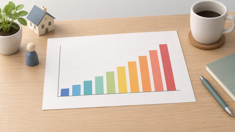 A printed bar chart sheet lying on a table showing average annual electricity consumption for each archetype as plain unlabelled bars rising from A1 to B5, with no numbers or words.