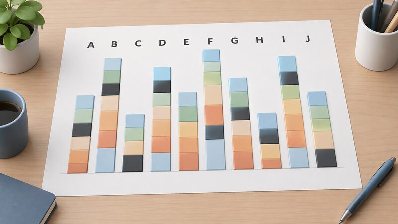 A printed schematic sheet laid on a desk showing ten vertical columns headed by the large single letters A to J, each column built from stacked plain blocks representing its archetypes, column heights varying with household count, with the blocks for the off-gas archetypes filled in a distinct darker colour.