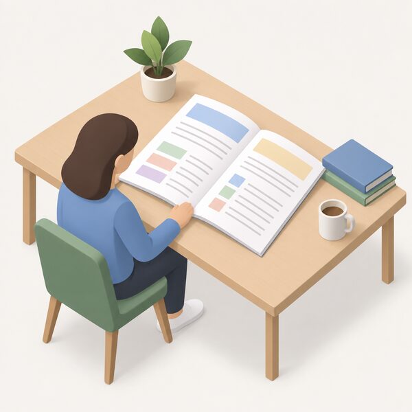 A printed household survey report lying open on a desk, its pages showing plain colour bands and blank lines where survey data would appear, with a simplified isometric figure seated beside it reading through the document.