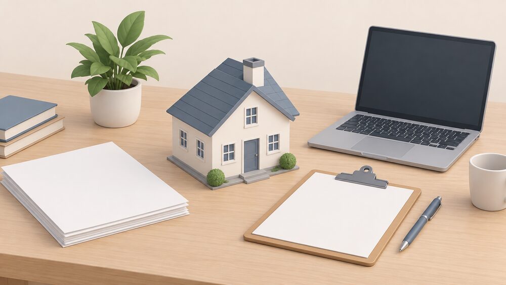 A small plain model house standing on a desk beside blank survey paperwork, a clipboard with a blank sheet, and a laptop with a blank screen, arranged as a study of household energy data.