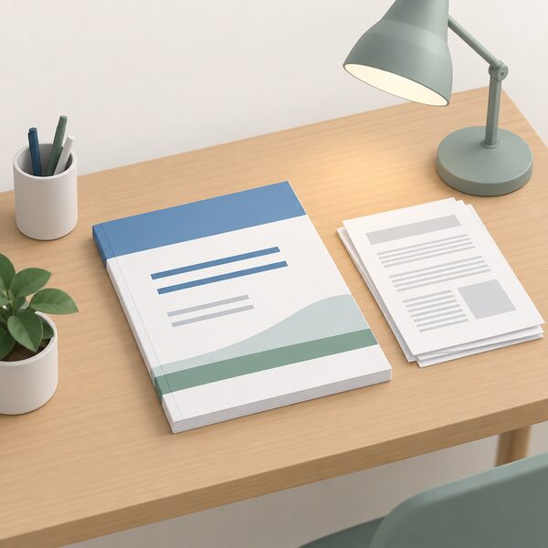 A printed official statistics report lying closed on a plain wooden desk, its cover carrying plain colour bands and blank lines instead of words, with a small stack of method documentation sheets beside it and a simple desk lamp nearby.