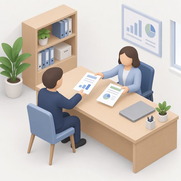 Inside a trade association office, a simplified figure representing a member company hands a sheet of sales figures across a desk to an association staff member, who in return passes back a printed aggregated market report shown as a sheet with plain colour blocks and blank lines.