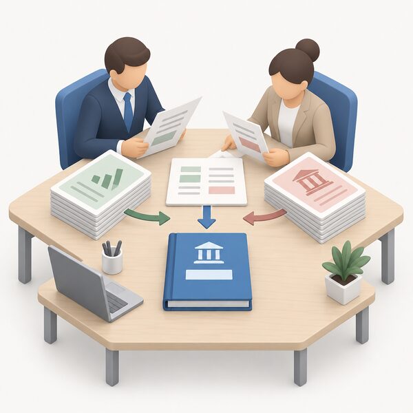 Two simplified analysts at a government office desk combining printed aggregate sheets from a trade association with regulatory return documents, merging figures onto a master sheet destined for an official publication folder.