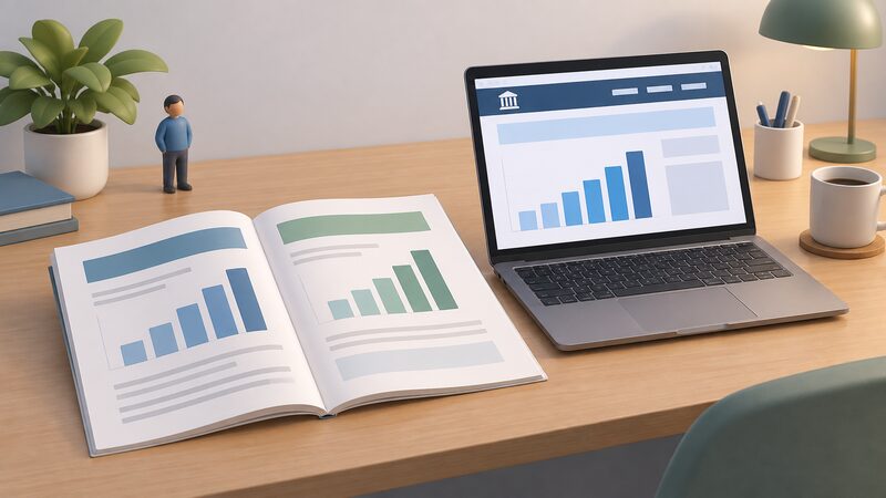 A printed commercial market research report lying open on a wooden desk beside an open laptop whose screen shows a plain government statistics webpage, both displaying simple bar charts with matching headline blocks, with no readable words or numbers anywhere.
