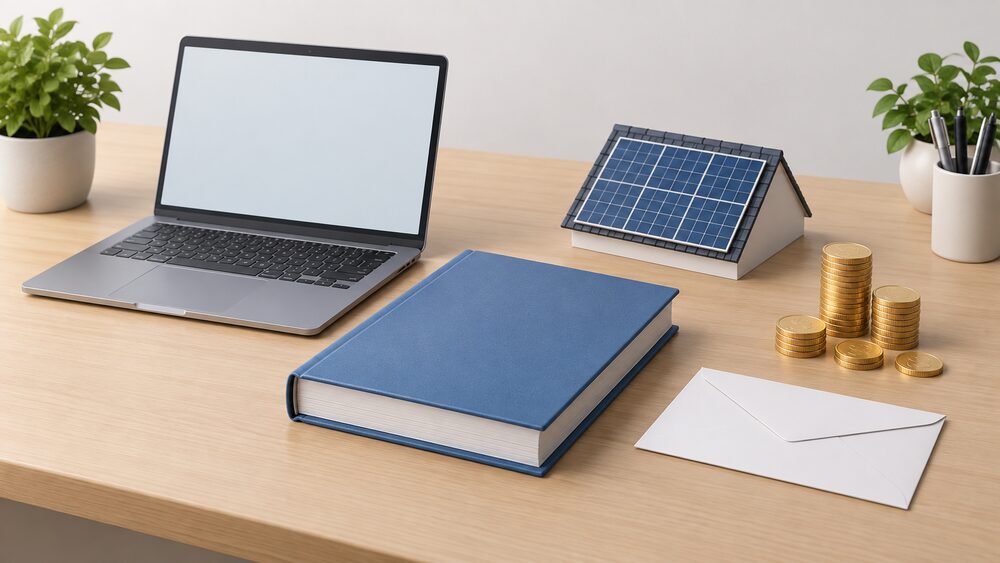 A thick bound commercial report lying closed on a desk beside a laptop with a blank screen, a small model of a rooftop solar panel, a stack of coins and a blank envelope, all arranged on a plain tabletop in daylight.