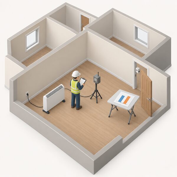 A small simplified surveyor figure inside an empty finished home, standing beside an electric heater and a data-logging box on a stand, with a small sensor unit in an open doorway and a printed chart sheet on a folding table showing plain bars comparing measured heat loss against the design prediction.