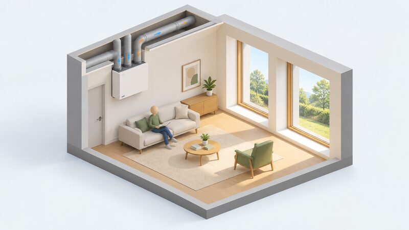 A Passivhaus living room with a mechanical ventilation with heat recovery unit mounted high on an interior wall, its ducts running up into the ceiling, beside large south-facing windows with deep reveals and a small isometric figure seated in the room.