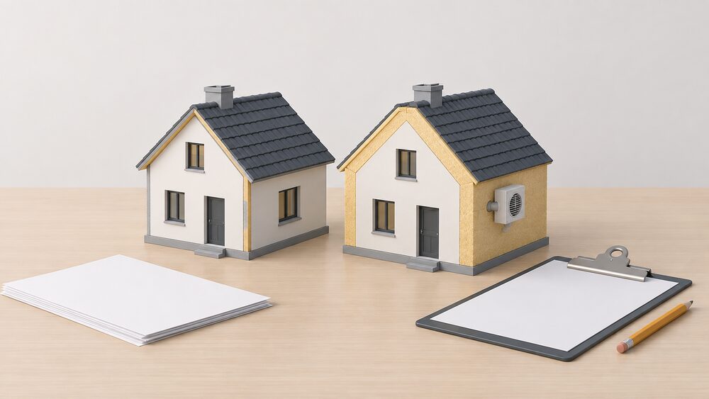 Two small detached house models sit side by side on a table, one wrapped in a visibly thicker insulation layer with a small ventilation unit on its wall, beside blank paperwork, a clipboard and a pencil.