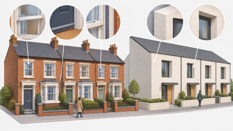 A split scene showing a Victorian terraced house with secondary glazing panels and draught excluder strips on its doors and sash windows, beside a new-build Passivhaus terrace with thick continuous external insulation and deep window reveals.