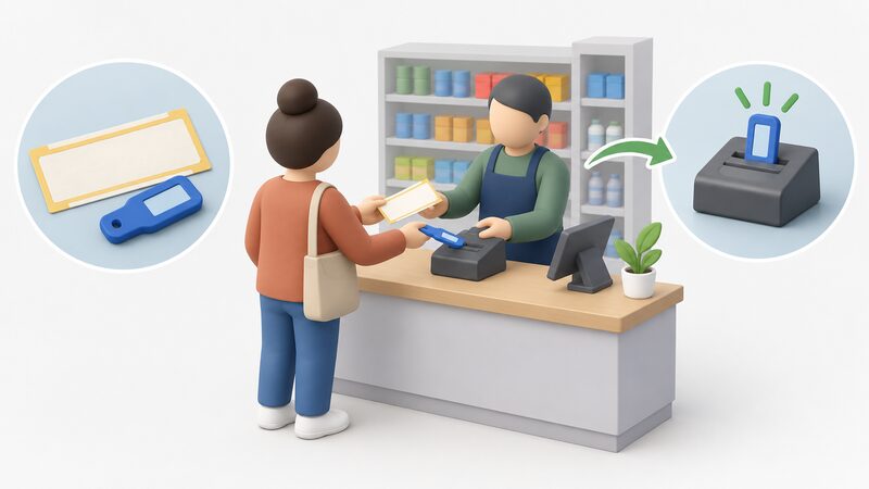 A simplified figure at a shop counter hands over a council fuel voucher and their prepayment top-up key, which the shopkeeper holds at a plain counter terminal, with the scene implying the credit is then added to the household's prepayment meter.
