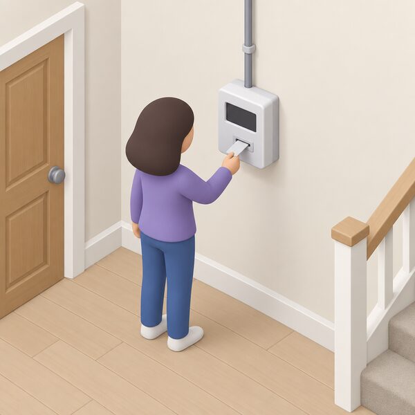 A domestic hallway wall with a prepayment electricity meter mounted on it, a simplified isometric figure standing before it holding a top-up card or key toward the meter slot, with the meter's display shown as a blank dark panel to indicate the supply has run out of credit and cut off.