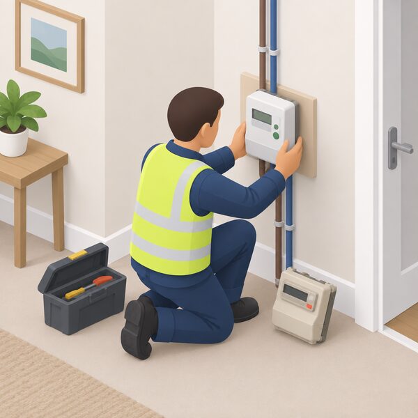 An installer kneeling beside an existing prepayment meter on a home's wall, removing it and fitting a new smart meter in its place, with the old meter set aside and wiring or pipework connecting the new meter to the household supply.