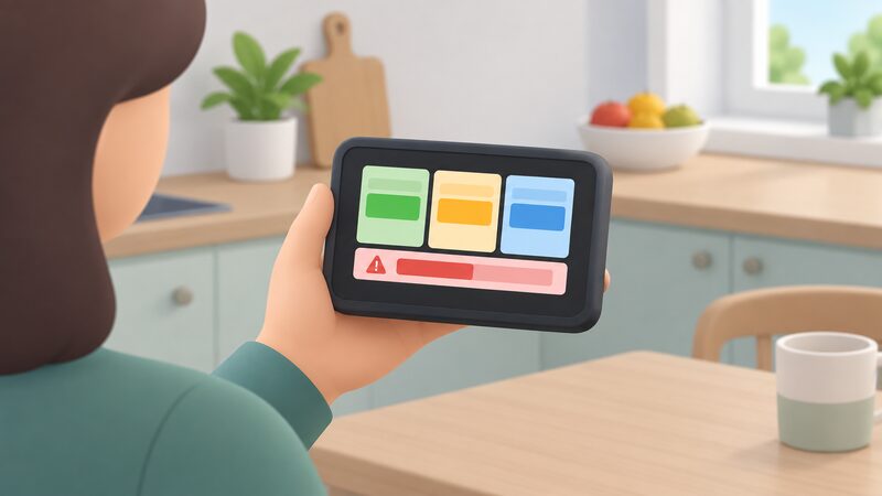 A hand-held smart prepayment in-home display held in a kitchen, its screen showing a credit balance block, an emergency credit block and a debt recovery block, with a low-credit warning band visible.