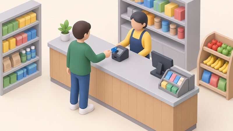 A simplified isometric customer at a shop counter hands over a prepayment meter key while the shopkeeper holds it to a small countertop top-up terminal, the key inserted into the device, showing an in-person credit top-up at a PayPoint-style shop.