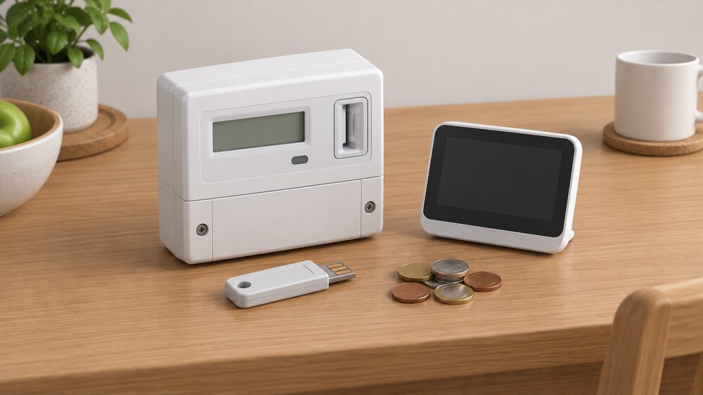 A close tabletop arrangement showing a white electricity prepayment meter with its top-up key resting beside it, a small pile of coins, and a smart meter in-home display standing nearby with its screen blank and dark, all on a plain kitchen table surface.