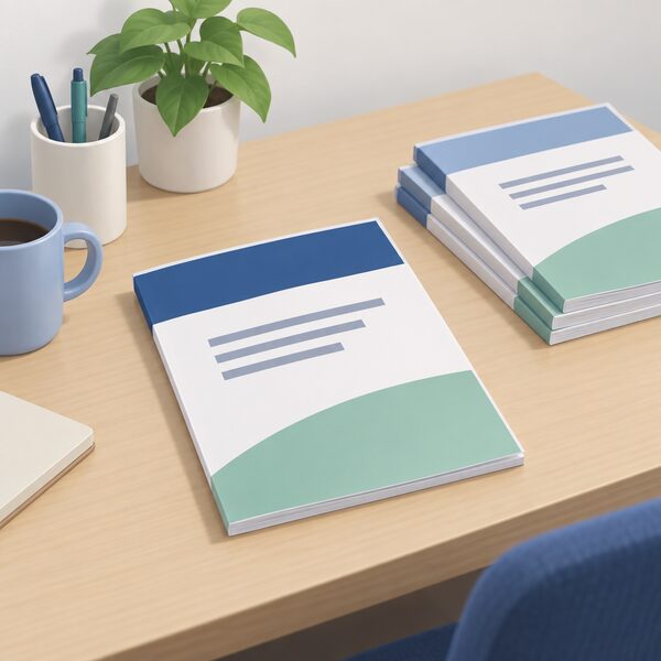 A printed research report lying on a desk, its cover carrying plain colour bands and blank title lines, with a few more similar printed publications stacked beside it, drawn as a physical document in an office setting with no readable words or figures.