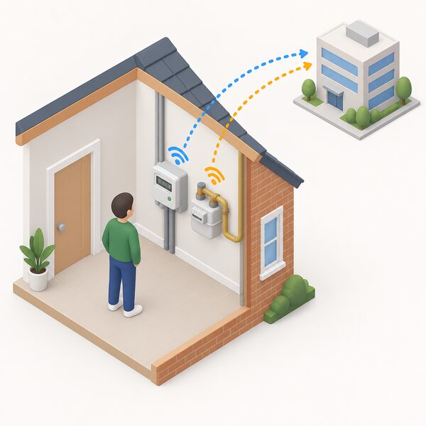 A cutaway home corner showing a smart prepayment electricity meter on the wall and a gas meter beside it, each with a small signal travelling outward toward a simplified supplier building, an isometric figure standing nearby looking at the meters.
