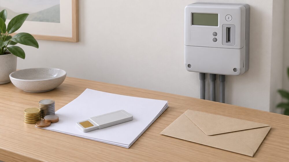 A close tabletop arrangement showing a prepayment electricity meter key resting on blank paperwork beside a small stack of coins and a plain envelope, with a wall-mounted prepayment meter visible in the background of the same room.