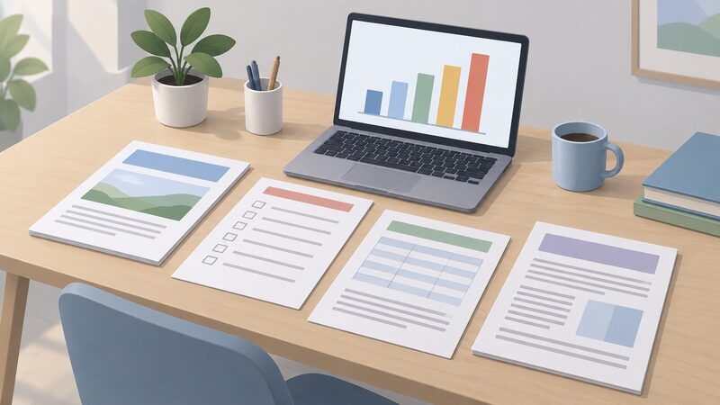 A tidy desk with printed survey documents laid out — a summary of key findings, a questionnaire, summary tables and a technical note as separate sheets — beside an open laptop whose screen shows a simple bar chart of survey results with no readable words or numbers.