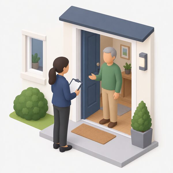 An interviewer holding a clipboard stands at the open front door of a house, speaking with a householder who has answered, showing the face-to-face interview mode used for digitally excluded bill payers.