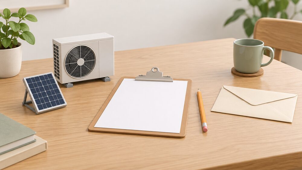 A small model air source heat pump fan unit and a miniature solar panel sit on a table beside a blank clipboard with a blank questionnaire sheet, a pencil and a sealed envelope, arranged as a household about to answer a survey about energy choices.