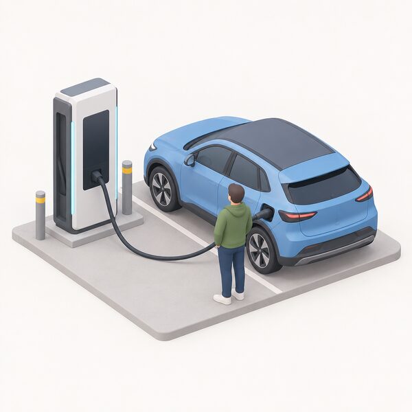 A rapid public charge point unit on a forecourt-style site with its charging cable plugged into the charging port of an electric car parked beside it, a small simplified figure of a driver standing nearby waiting for the fast charge to complete.