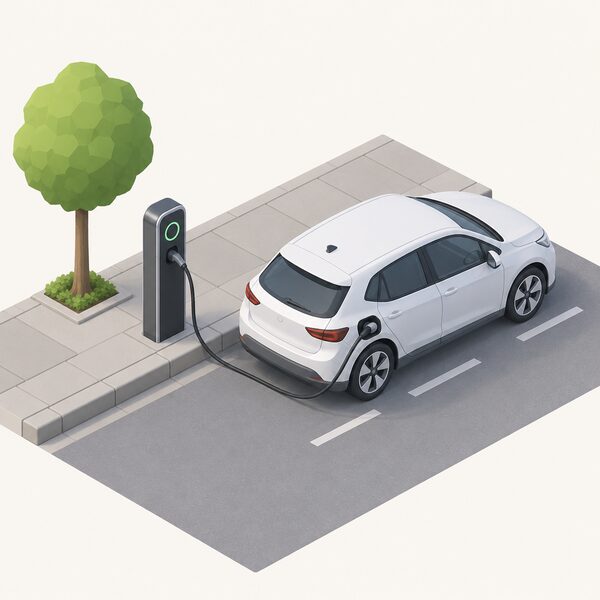 A kerbside on-street public EV charge point on a pavement beside a parked electric car with its charging cable connected, shown as a simple street scene with no pricing or figures displayed.