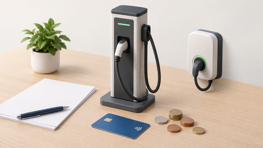 A small model of a public EV charge point with a charging cable stands on a table beside blank paperwork, a contactless bank card and a scatter of coins, with a small model of a domestic wall-mounted home charge point nearby.