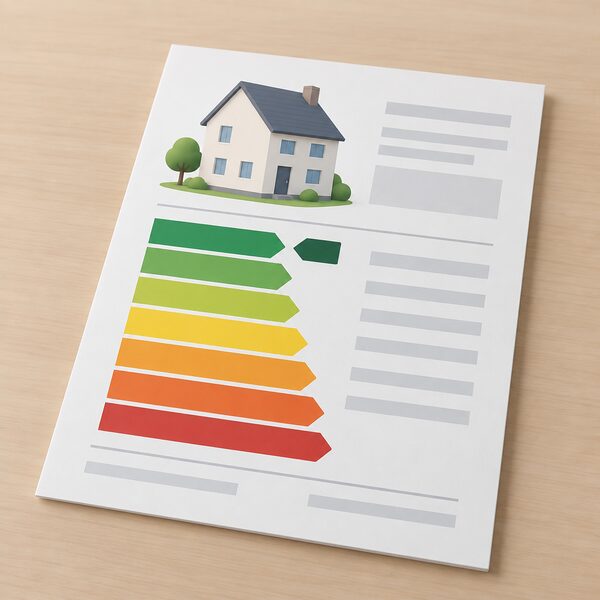 A printed energy performance certificate lying on a table, showing a vertical rating band chart from A to G with plain colour bands and no readable figures, with one marker block indicating the building's band position.