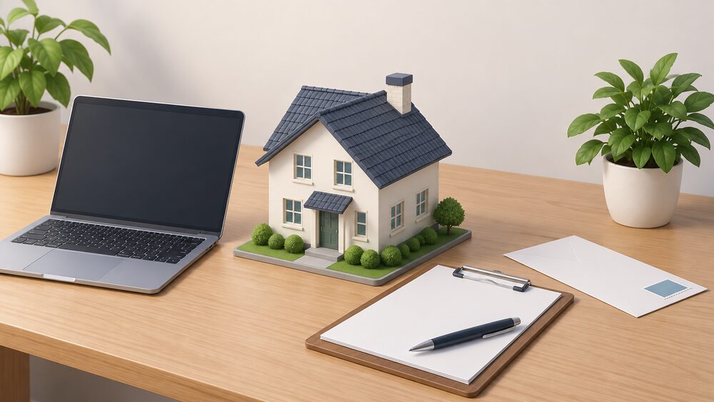 A small model of a house sits on a desk beside a blank-screen laptop, a clipboard with blank survey sheets and a pen, and a stamped envelope, suggesting a household energy survey being prepared and reported.