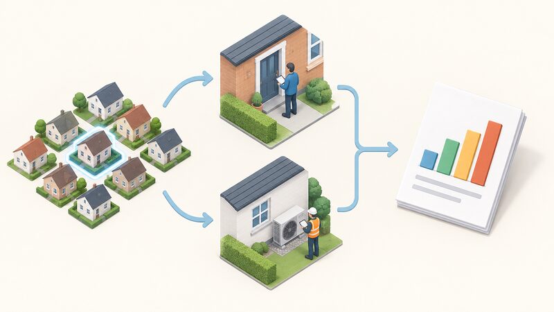 A simplified isometric flow diagram showing a random sample of addresses moving through three stages: an interviewer conducting a household interview at a door, a surveyor inspecting a house's fabric and heating, and the results combining into a published statistic shown as a printed sheet with plain bars.