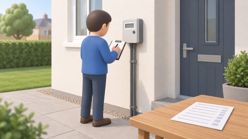 A person standing at a domestic electricity meter on an outside wall of a house, reading the display and writing a note on a clipboard or notepad, with a printed annual consumption record sheet lying on a table nearby shown only with blank lines.
