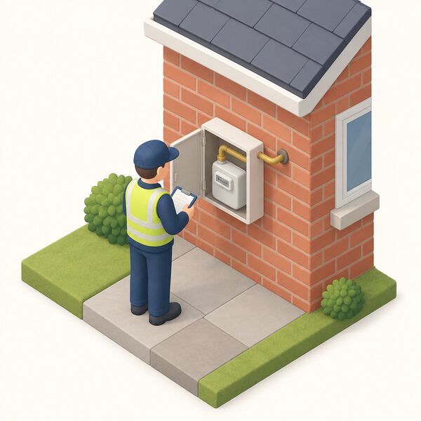 A small isometric figure of a meter reader standing at the outside wall of a plain brick house, looking at a domestic gas meter box mounted on the wall with a pipe entering the box from the house and a simple meter dial face inside.