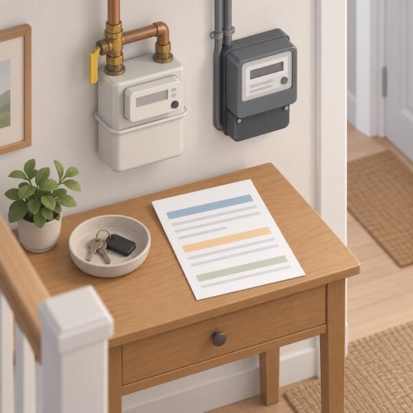 A paper annual household energy bill lying on a domestic hallway table beside a house key bowl, with a gas meter and an electricity meter visible on the wall behind, the bill showing only blank lines and plain colour bands where usage figures would appear.