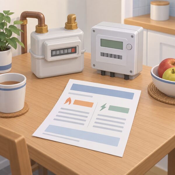 A printed household energy bill lying on a kitchen table beside a gas meter and an electricity meter, its annual consumption figures shown only as blank lines and plain colour bands, illustrating the assumed typical dual fuel usage behind a quoted bill.