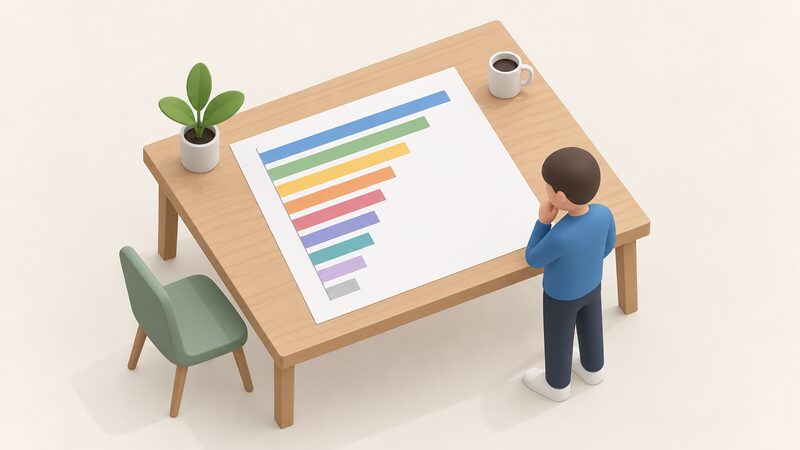 A printed chart sheet lying on a table showing plain horizontal bars of differing lengths, one bar per local authority area, comparing median domestic electricity consumption, with no numbers or words, next to a small simplified figure looking at it.