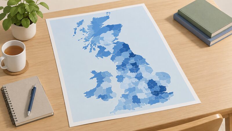 A printed map sheet of Great Britain lying on a table, with England, Scotland and Wales shown as simplified land shapes divided into local authority areas shaded in plain colour bands of varying depth to represent average domestic gas consumption per area, with no names or figures.